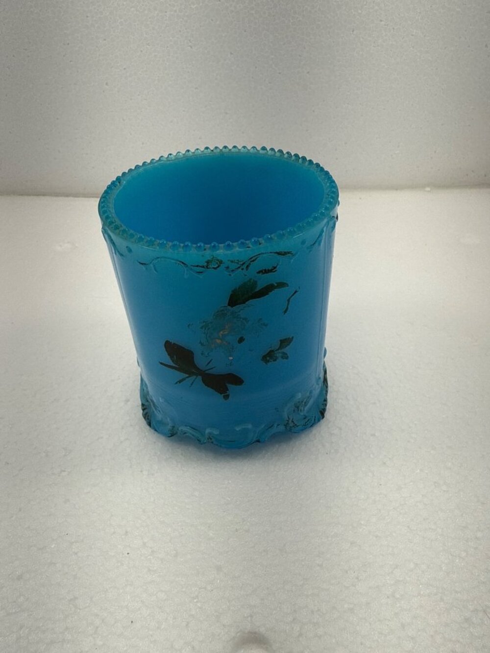 Antique Blue Opaline Glass Tumbler Hand Painted Birds Flowers Beaded Rim 3”